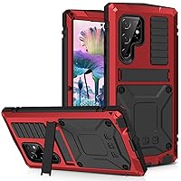 Samsung S23 Ultra Metal Bumper Silicone Case Samsung S23 Ultra Case with Stand Built-in Screen Protector Gorilla Glass Hybrid Military Shockproof Heavy Duty Rugged Full Cover for Outdoor (Red)