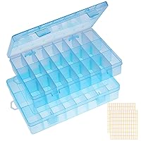 2 Pack Blue Plastic Organizer Box, Storage Container with Adjustable Divider, Craft Organizers and Storage Bead Storage Organizer Box for DIY Jewelry Tackles with 2 Sheets Label Stickers