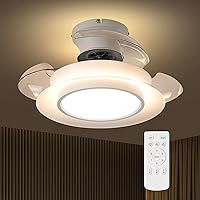 ocioc 22inch Ceiling Fans with Lights and Remote, Retractable Small Flush Mount Ceiling Fan with Quite DC Reversible Motor for Bedroom, 6 Speed White