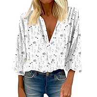 Long Autumn Cool Shirt for Ladies 3/4 Sleeve Bowling V Neck Button Down Tops Teen Girls Print Baggy Polyester White M