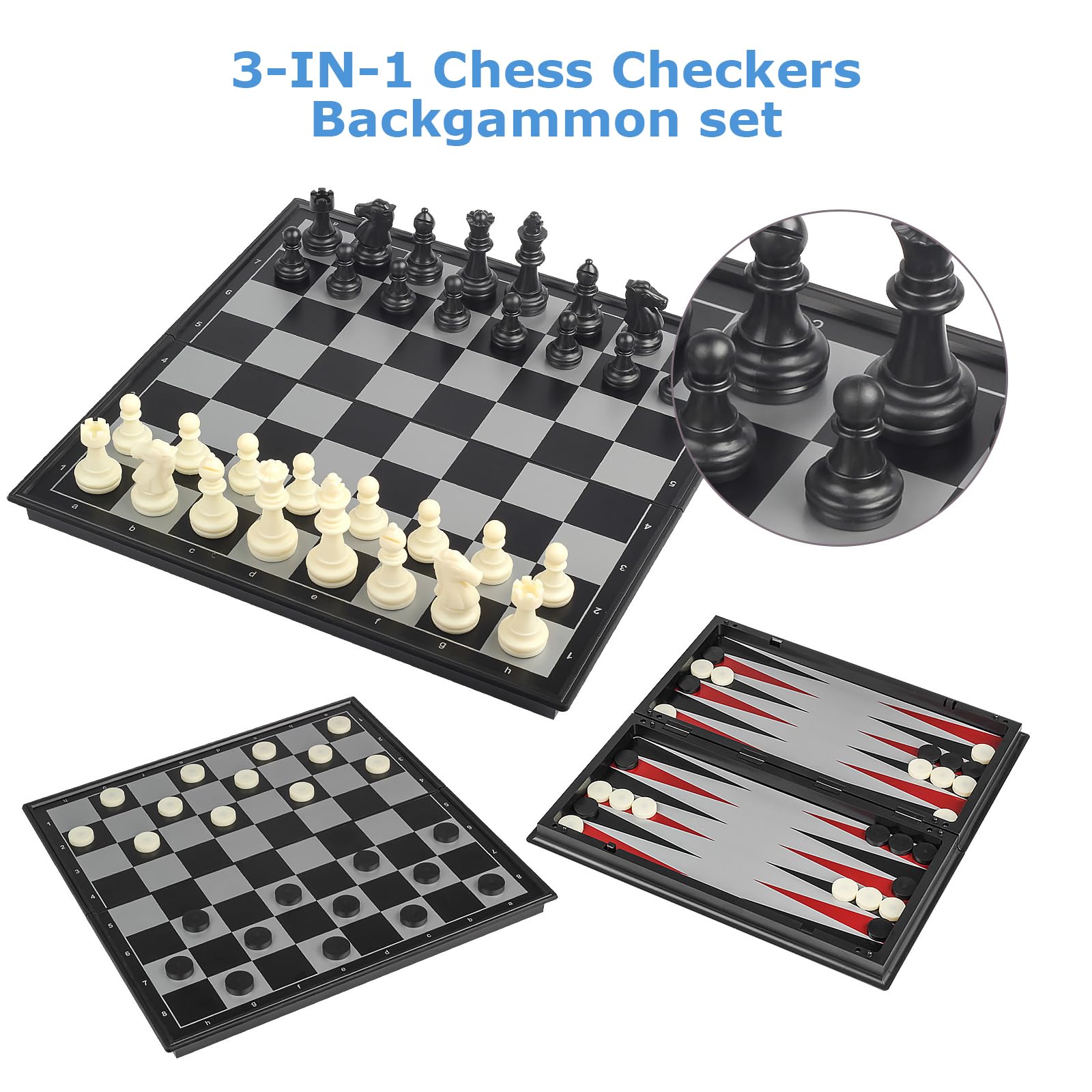 3 in 1 Chess Checkers Backgammon Set - 9.7 Inches Magnetic Travel Chess Set Portable Folding Board Game - 2 Storage Bag