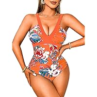 V Neck Floral Swimsuits, Ruched Slimming, 1 Piece