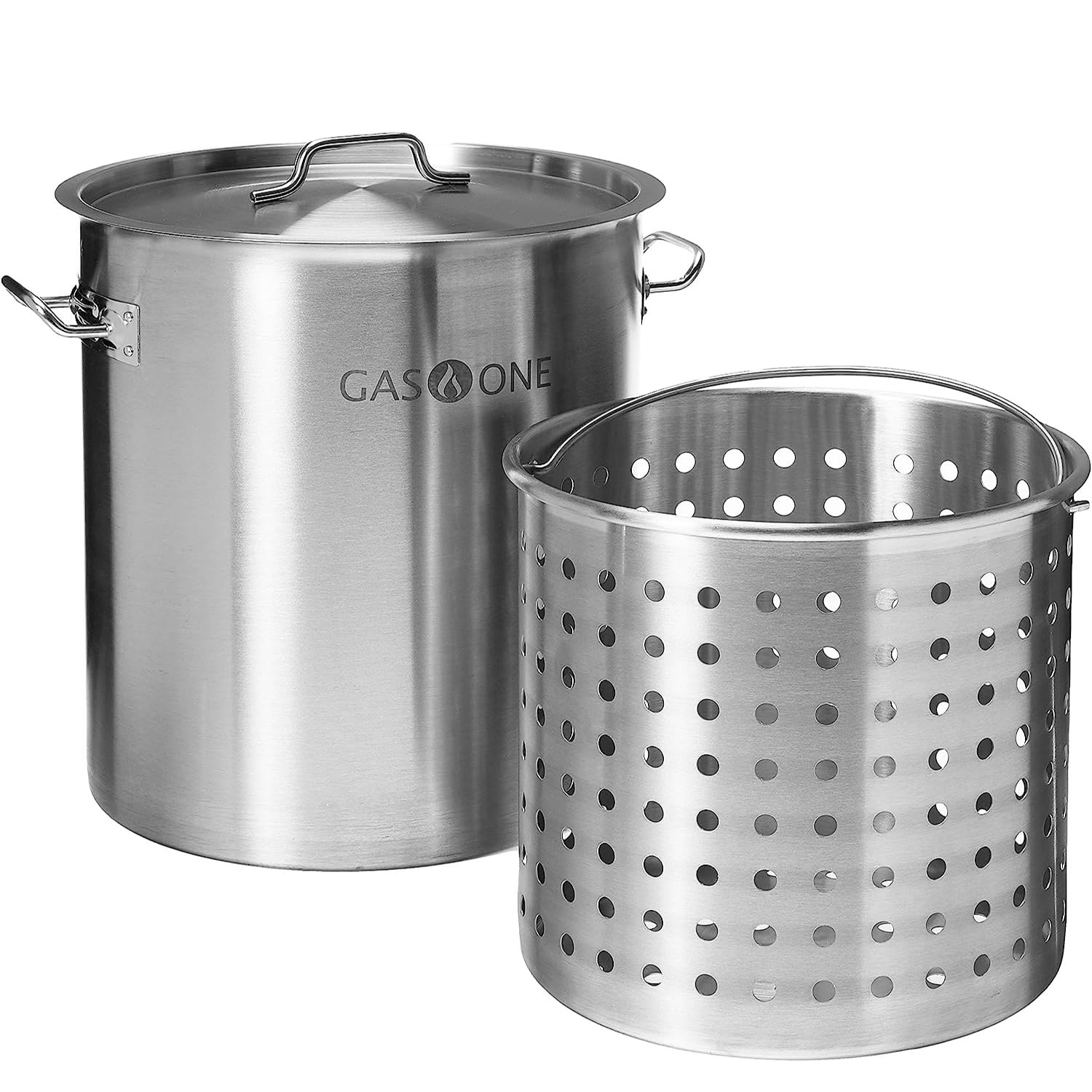 GasOne Stainless Steel Stockpot with Basket – 53qt Stock Pot with Lid and Reinforced Bottom – Heavy-Duty Cooking Pot for Deep Frying, Turkey Frying, Beer Brewing, Soup, Seafood Boil – Satin Finish