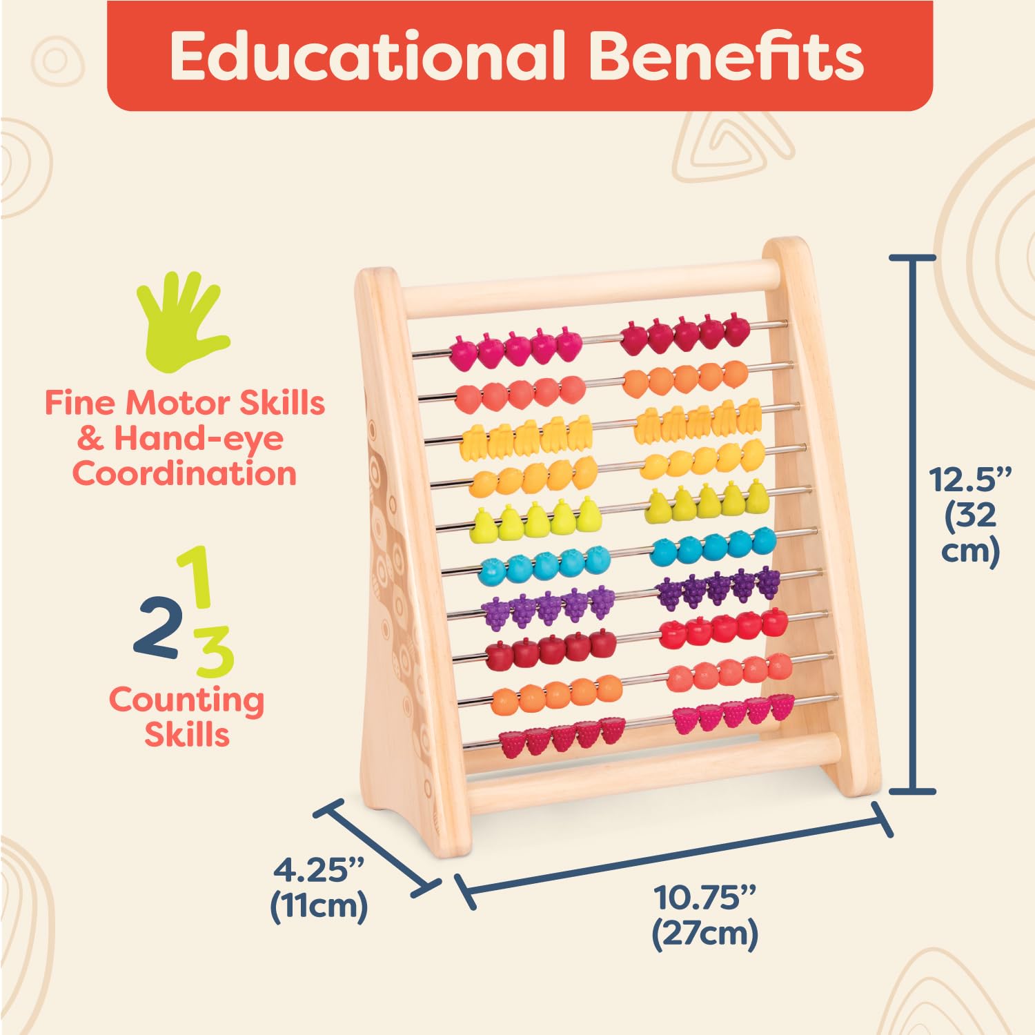 B. – Wooden Abacus for Kids – Classic Math Toy with 100 Beads – Educational Toy for Addition and Subtraction – Numbers & Counting – 18 Months + – Two-Ty Fruity!