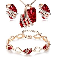 Leafael Wish Stone Necklace, Stud Earrings, and Bracelet Jewelry Set for Women, January July Birthstone Ruby Red Crystal Jewelry, Silver Tone Gifts for Women