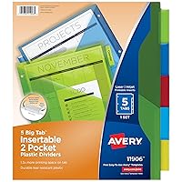 Avery Dividers for 3 Ring Binders, 5-Tab Binder Dividers, Two-Pocket Plastic Binder Dividers, Insertable Big Tabs, Multicolor, Works with Sheet Protectors, 24 Sets (11906)