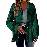 Womens Plaid Shacket Jacket Casual Wool Blend Long Sleeve Warm Coat Button Down Peacoats Flannel Lapel Jacket Outfits Long White Button Down Shirts Women