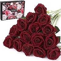 15Pcs Artificial Roses Velet Real Touch Single Stem Fake Roses Silk Realistic Bouquet Flowers Arrangements Home Office Garden Grave Party Wedding Decoration (Dark Red-15p, Blossom Roses)