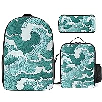 Surf Wave Wallpaper Print 17 Inch Laptop Backpack Lunch Bag Pencil Case Lightweight 3 Piece Set for Travel Hiking
