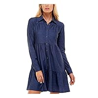 Womens Blue Stretch Pleated Ruffled Fitted Button Closures Cuffed Sleeve Point Collar Short Shirt Dress Juniors S