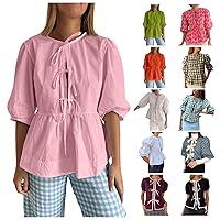 Tie Front Tops for Women, Leisure Temperament Trendy 3/4 Puffy Sleeves Tops Women's Summer 2024, S L