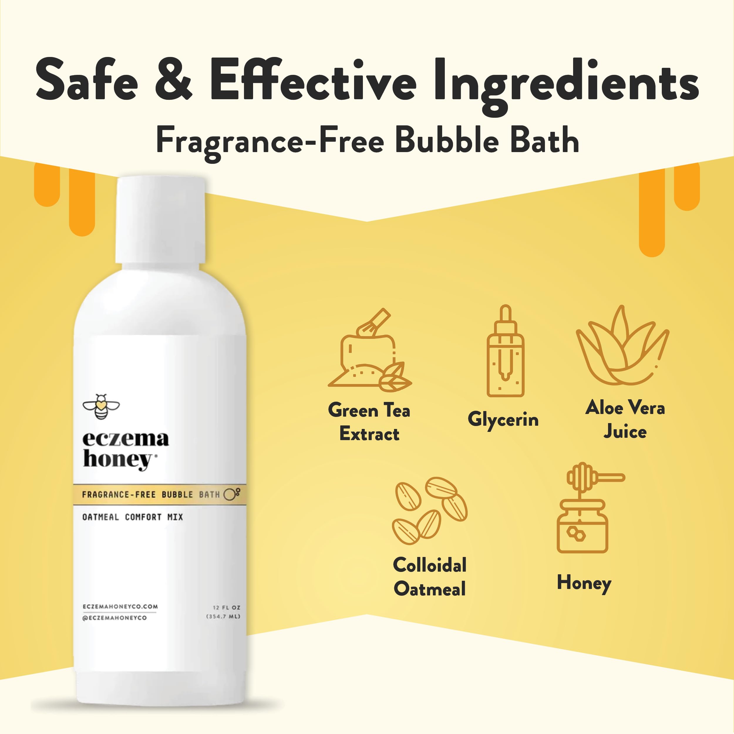 ECZEMA HONEY Fragrance-Free Oatmeal Comfort Bubble Bath - Sensitive Skin Body Wash & Bath Soak - Moisturizing Bath Products - Nourishing Bubble Bath for Women, Men, & Kids (12 Oz)