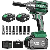 KIMO Cordless Impact Wrench, 3000 RPM & Max Torque 350 ft-lbs (475N.m), 1/2 Impact Gun with 2x 3000mAh Li-ion Battery, 1/2 Impact Driver w/7 Impact Sockets, 3 Inch Extension Bar, 1 Hour Fast Charger