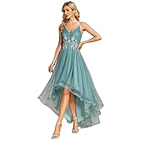 Ever-Pretty Women's V Neck Sleeveless Floral Embroidered Waist High Low A-Line Tulle Maxi Prom Dresses 01746