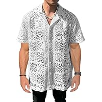 Mens Lace Shirt Sheer Button Down Floral Mesh Short Sleeve Knitted Shirt Top Openwork Beach Casual Holiday