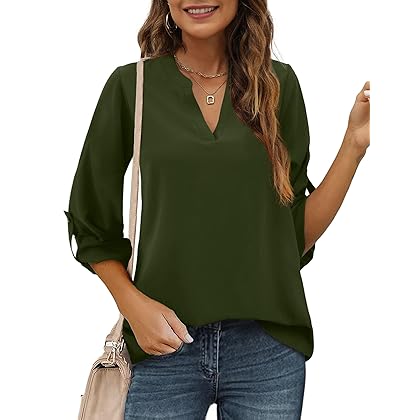 Womens Business Casual Blouses Work Tops Fashion 3/4 Sleeve Shirts