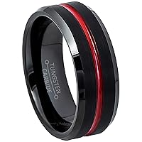 2-tone Black Tungsten Carbide Ring with Red Enamel Grooved Center Accent - 8mm Matte Finish Comfort Fit Tungsten Wedding Band