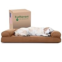 Furhaven Cooling Gel Dog Bed for Large Dogs w/ Removable Bolsters & Washable Cover, For Dogs Up to 95 lbs - Quilted Sofa - Toasted Brown, Jumbo/XL
