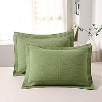 WINLIFE 100% Cotton Quilted Pillow Sham Floral Printed Pillow Cover (King, Olive Green)