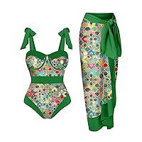 Non Binary Colorblock Abstract Floral Print 2 Piece Swimwear+1 Piece Cover UP Three Romper Swimsuits for Women