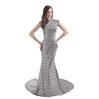 Silver Sequin High Neck Sweep Train Mermaid Prom Dress With Slits