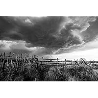 Western Photography Print (Not Framed) Black and White Picture of Storm Over Old Wooden Fence in Oklahoma Thunderstorm Wall Art Country Decor (8