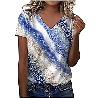 Womens Casual V-Neck Blouse 2024 Trendy Color Matching Printed Summer Short Sleeve T Shirts Regular-Fit Tunic Tops