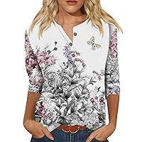 Women Summer Tops Dressy Casual 3/4 Sleeve Fashion Shirts V Neck Button Down Blouse Floral Printed Graphic Tees