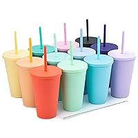 Tumblers with Lids (12 pack) 16oz Colored Acrylic Cups with Lids and Straws | Double Wall Matte Plastic Bulk Tumblers With FREE Straw Cleaner! Vinyl Customizable DIY Gifts (Assorted)