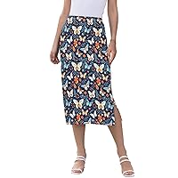 ALAZA Dark Blue Blossom Butterfly Women's Skirts Split Skirt Weekend Skirts