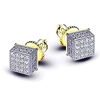 14K Yellow Gold Plated Round Cut AAA Cz Diamonds Small Micro Pave Set 3D Square Studs Earrings With Screw Back