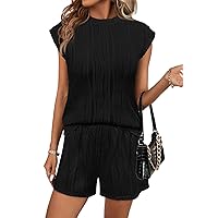 Pink Queen Two Piece Short Set For Women Crew Neck Cap Sleeve Textured Top And Shorts Casual Lounge Set