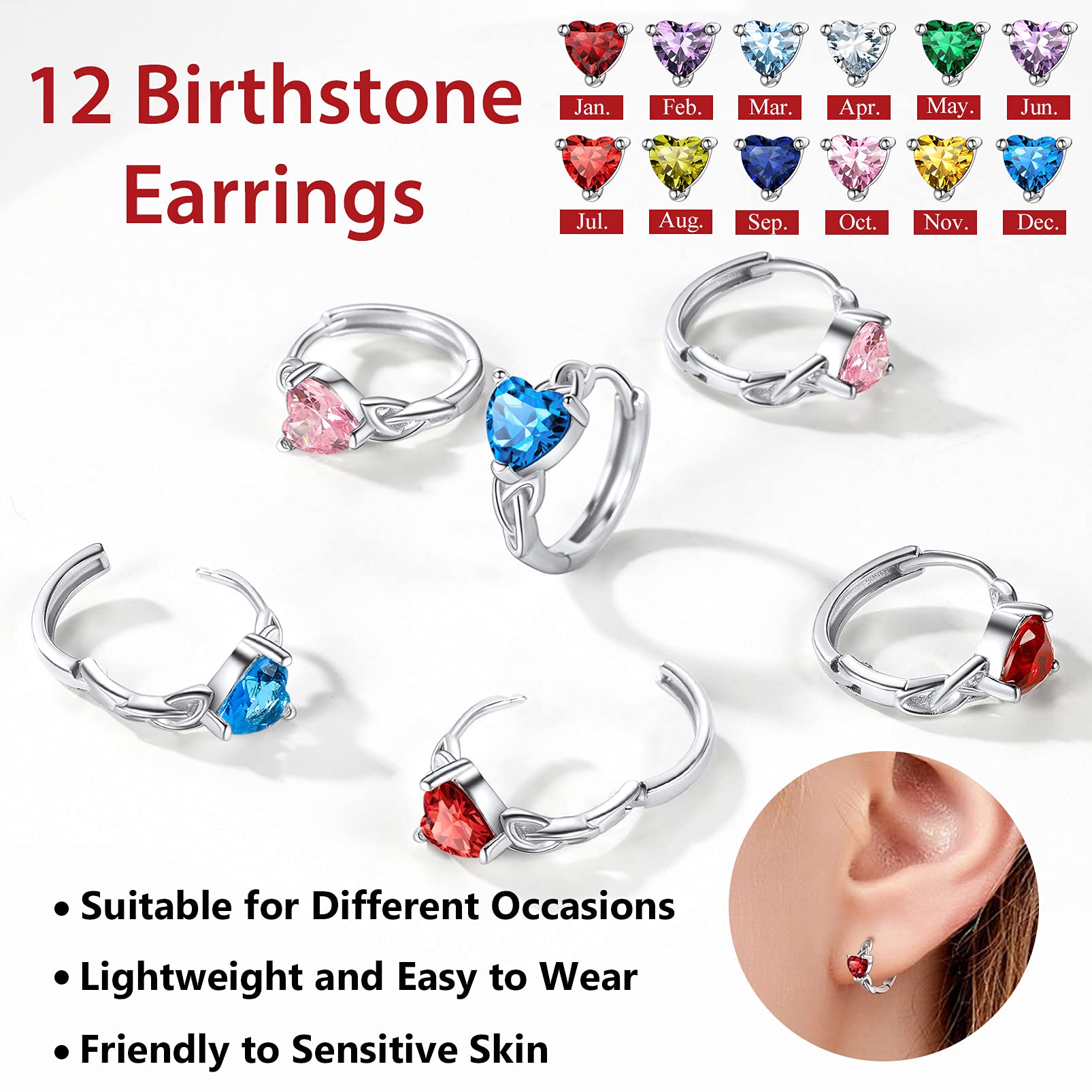 Silvora Celtic Knot Sterling Silver Birthstone Hoop Earrings with Shiny Cubic Zirconia for Women Girls Birthday Jewelry