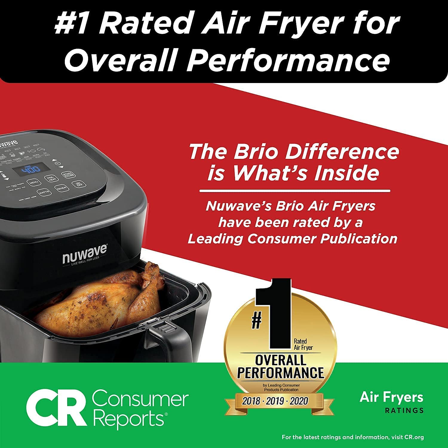 Nuwave (Renewed) 6-quart Brio Healthy Digital Air Fryer with One-Touch Digital Controls, 6 Preset Menu Functions & Removable Divider Insert