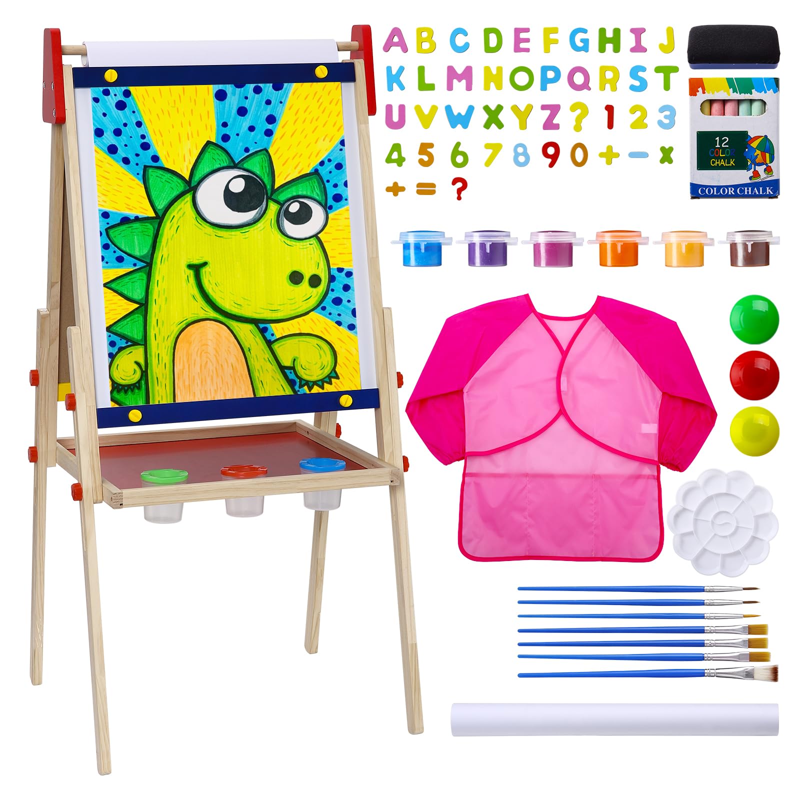 Art Easel for Kids, Adjustable Standing Kids Easel, Kids Easel Double Sided Wooden, White Board & Magnetic Drawing Board & Paper Roll, Paint Art Set for Kids Toddlers 2-4 4-8 9-12 （3+）