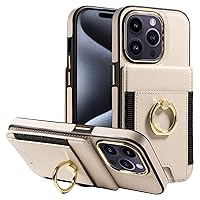 S. Dawezo Wallet Case Compatible for iPhone 15 Pro with Card Holder,360°Rotation Finger Ring Holder Case,RFID Blocking Shockproof Drop Protection with Magnetic Snap Leather Case for 15 Pro-Beige