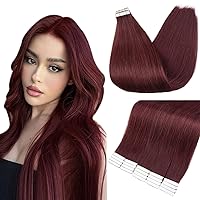 Fshine Red Wine Tape In Hair Extensions Human Hair Seamless Remy Tape In Extensions Double Sided Natural Human Hair Burgundy Tape Hair Extensions Color99J Hair Extensions Tape In 12Inch 30G