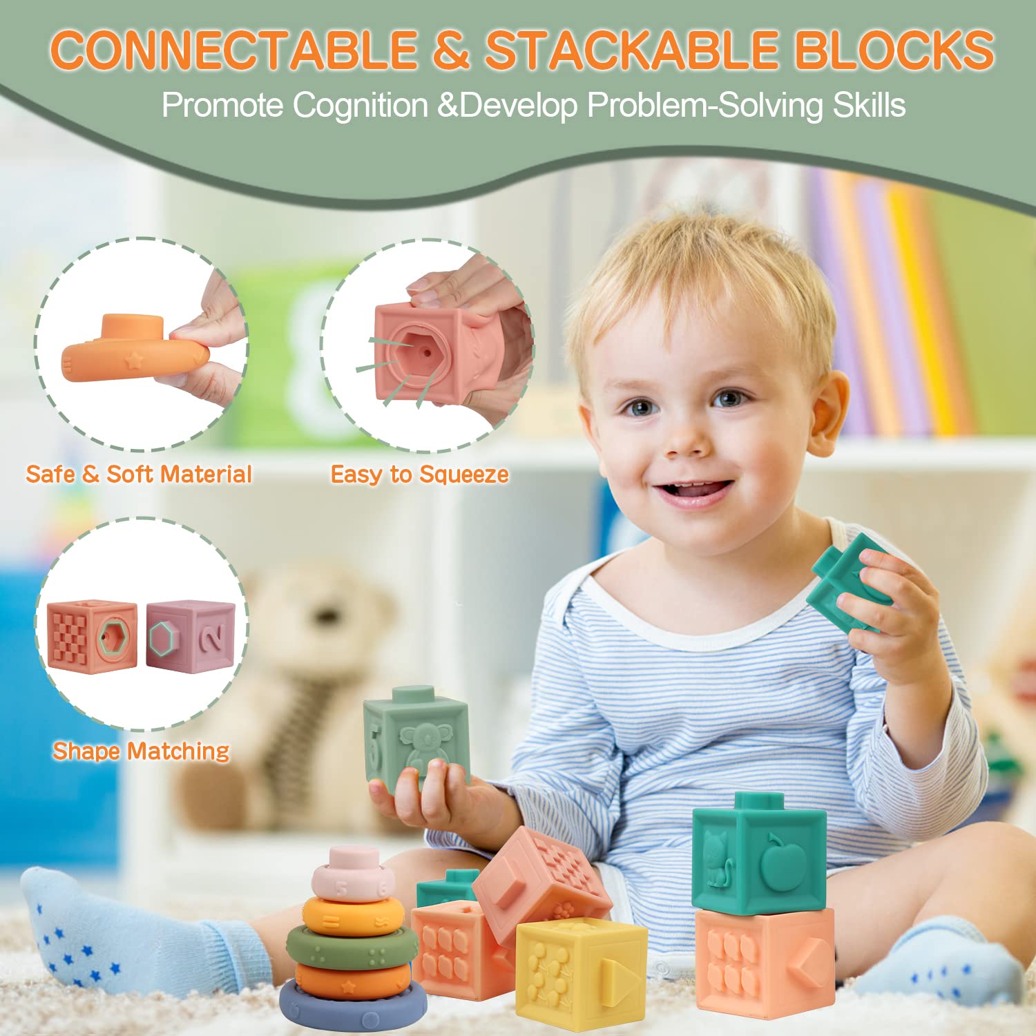 4 in 1 Baby Toys Montessori Toys for Babies 6-12 Months, Stacking Building Blocks & Pull String Teething Toys & Color Storage Shape Bin Sensory Toys for 1 2 3 Year Old Babies Infant Boy and Girl Gifts