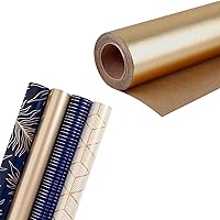 WRAPAHOLIC [2-PACK] Gold and Navy Print Wrapping Paper Set & Basic Texture Matte Gold Wrapping Paper Roll - for Birthday, Holiday, Father's Day