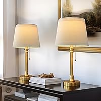 Oneach Modern Gold Brass Table Lamp Set of 2 for Bedroom Living Room 19.5'' Traditional Bedside Desk Nightstand Buffet Candlestick Samll Lamps with White Drum Shade