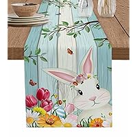 Easter Bunny Table Runner 90 Inches Long for Dining Table, Washable Cotton Linen Farmhouse Table Runners Dresser Scarf for Kitchen Party Holiday Spring Plants Farm Rabbit Wood Board