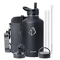 BUZIO 64 oz Water Bottle with Straw Lids, Stainless Steel Insulated Water Flask Jug, Half Gallon Canteen Metal Thermo Mug Hydro Jug, Double Vacuum Hot Cold Water Bottles Carrying Pouch, Black