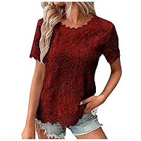 Summer Tops for Women 2024 Lace Crochet Embroidery Crewneck T Shirts Dressy Casual Short Sleeve Elegant Work Blouse