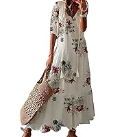 Women's Boho Floral Print Maxi Dress V Neck 3/4 Sleeve Loose Casual Beach Sun Dress Elegant A Line Long Dress