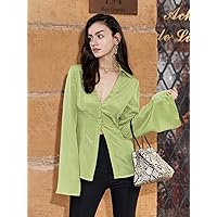 Womens Summer Tops Solid Flounce Sleeve Blouse (Color : Lime Green, Size : Large)
