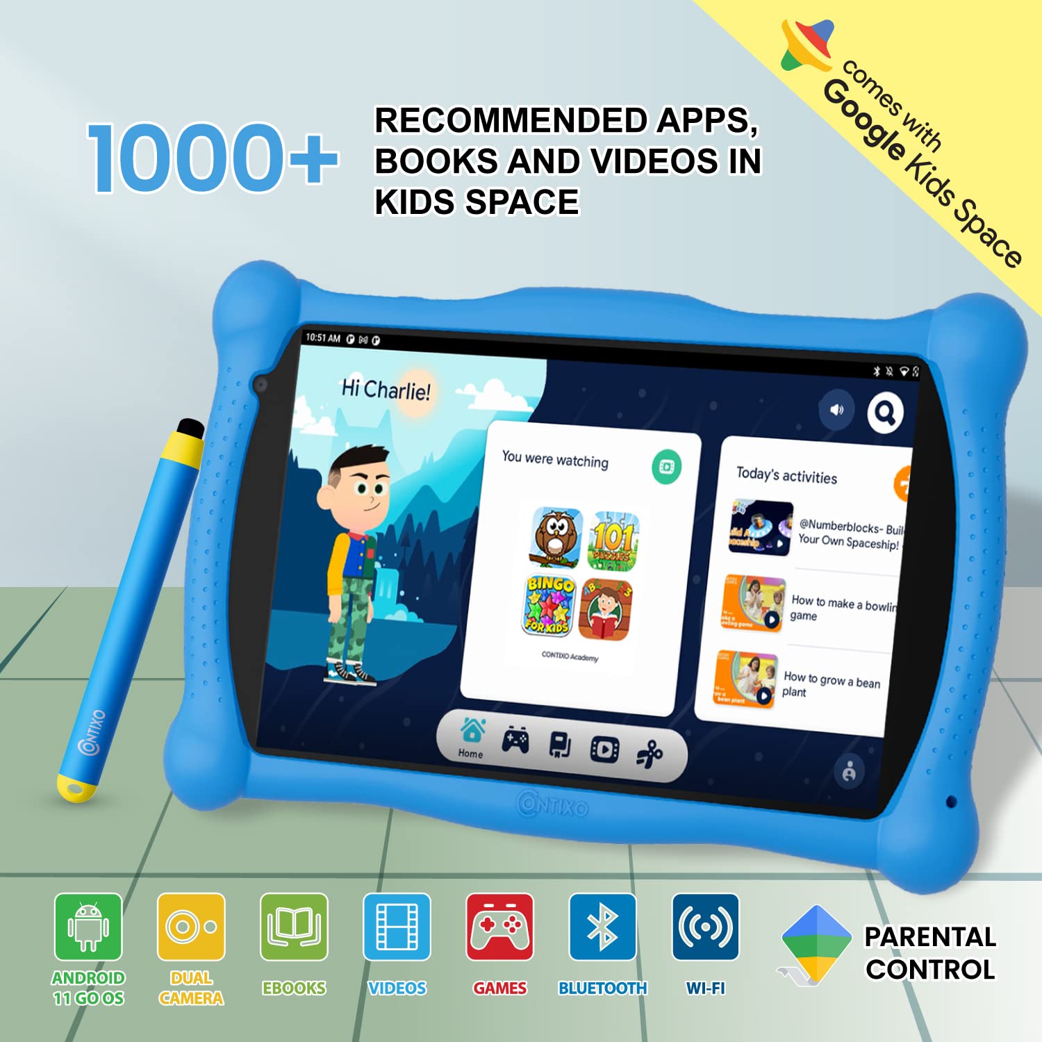 Contixo Kids Tablet V10, 7-inch HD, Ages 3-7, Toddler Tablet with Camera, Parental Control -16GB, WiFi, Learning Tablet for Children with Teacher's Approved Apps, Kid-Proof Case & Stylus, Blue