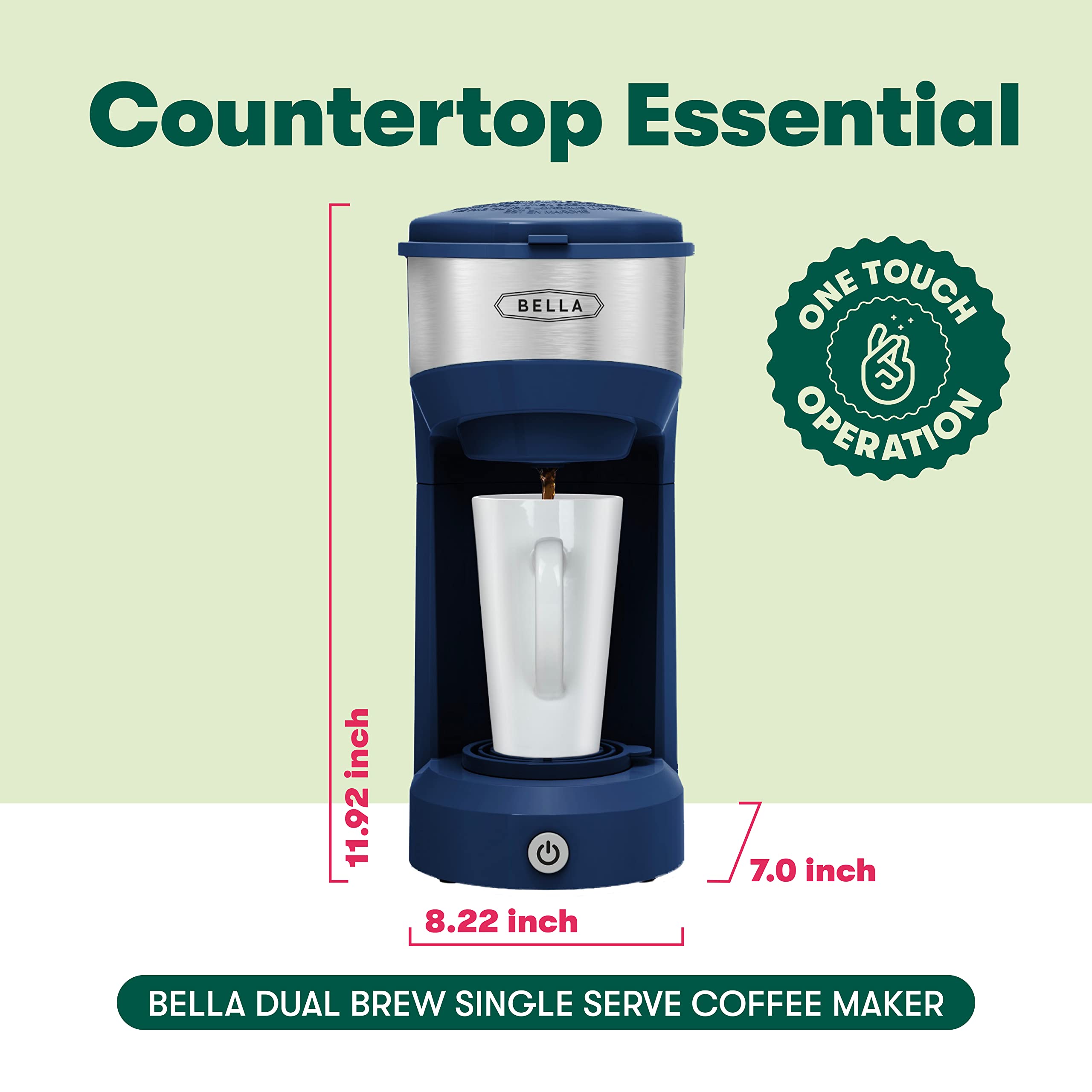 BELLA Dual Brew Single Serve Coffee Maker, K-cup Compatible with Ground Coffee Basket & Adapter - Carefree Auto Shut Off & Adjustable Tray, 14oz, Navy