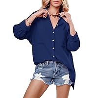 Paintcolors Women's Button Up Shirts Roll-Up Sleeve Cotton Blouses V Neck Casual Tunics Solid Color Tops with Pockets