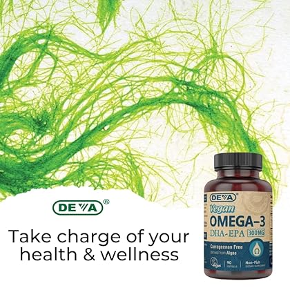 DEVA Vegan Omega-3 DHA EPA Supplement Once-Per-Day Softgel 300 MG - Carrageenan Gelatin & Gluten Free - Non-Fish Algae Oil Fatty Acids - 90 Softgels