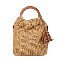 Hand-woven Large Straw Tote Bag with Brown Leather Tassels Boho Brown Wooden Round Handle Tote Retro Summer Beach Bag Rattan Handbag